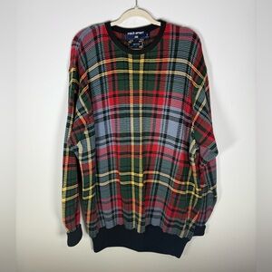 VTG Polo Sport Ralph Lauren Plaid Knit Sweater XL 90s Cotton Madras Tartan